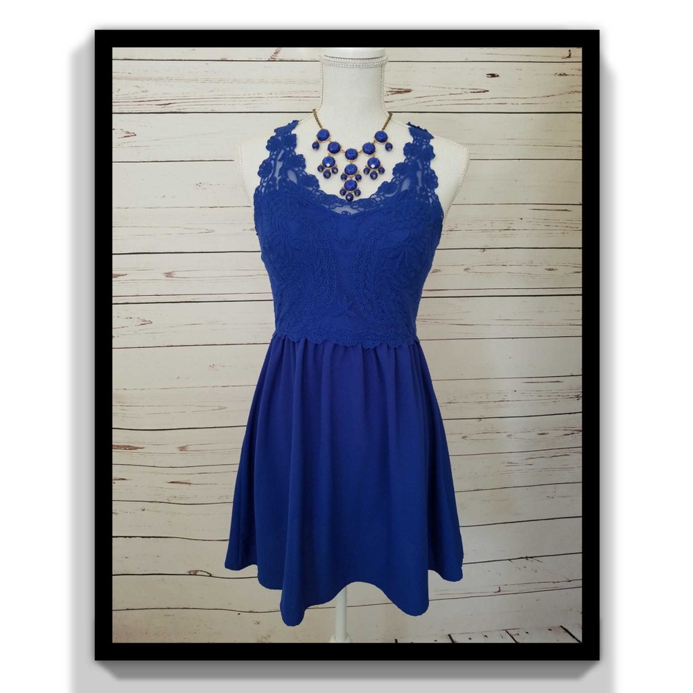 H &M Lace Dress W/See-through Back- Blue Size 8